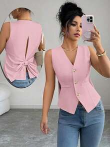 Camiseta de tirantes de mujer de algodón a rayas con lazo y escote en V sin espalda.Ajustada y que realza la figura, muestra por completo el encanto femenino.Adecuada para otoño e invierno, es una opción ideal para citas, vacaciones, ir al - Rosa vieja - Ver 1