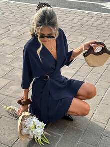 Vestido mini envolvente de unicolor con cuello en V para mujer - Azul marino - Ver 7