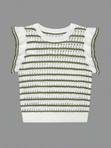 Blusa de mujer de punto a rayas sin mangas, blusa ligera de cuello redondo con volante en el bajo de manga corta, color negro - Multicolor 4 - Ver 4