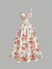 MOD Vestido con estructura de corsé con contraste de rayas azul y blanco en la cintura, estampado floral en el bustier, atuendo de vacaciones para mujer, vestido de verano, atuendo de campo, ropa de playa, vestido de verano, vestido de Pascua para mujer, vestidos de verano para mujer, vestido de fiesta de té - Multicolor 2 - Ver 7