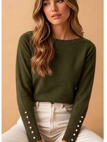 Basic Knit Sweater Blouse With Pearl Detail, Polyester, Pearls, Nightwear - Army Green - View 1