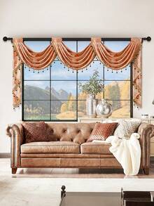 1pc Vintage Coin Jacquard Curtain With Delicate Pearl Trim And Hollow-Out Design, European Luxury Style Polyester Sheer Curtain, Suitable For Living Room And Bedroom Windows And Doors, Curtain Rod Not Included - Brown - View 4