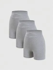 3 piezas Pantalones cortos deportivos casuales de punto de unicolor para niñas (YY783) - Gris - Ver 2