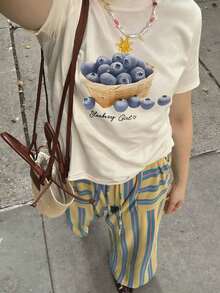 Short-Sleeved Crew Neck T-Shirt With Blueberry Print, Versatile Casual Top For Women, New Arrival For Summer - Vintage Street Style Unisexoose Cotton Short Sleeve Crew Neck T-Shirt - 杏 - 查看 6
