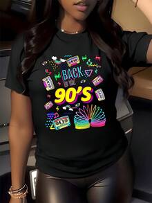 Cintas de cassette coloridas y formas geométricas vibrantes evocan la nostalgia divertida de los años noventa con energía retro ideal para quienes aman la música vintage camiseta de mujer casual cómoda y moderna - Negro - Ver 8