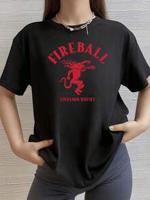 playeras de algodón mujer 1pscFigura de criatura mítica envuelta en fuego simbolizando pasión energía y rebeldía con letras rojas que evocan la intensidad del licor ardiente camiseta de mujer blanca casual moderna100%cotton ropa de mujer  Daily home top - Negro - Ver 1