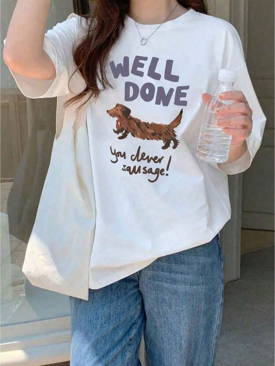 Women's 100% Cotton Short-Sleeved T-Shirt With Casual Print Design - "Well Done, You're A Smart Sausage" Print, Short-Sleeved Crew Neck Top, Loose Fit, Light Gray Color, Suitable For Casual Wear In Spring, Summer And Autumn 2026. Summer T-Shirts, Women's T-Shirts For Everyday Summer Outfits. - 白色 - 查看 1