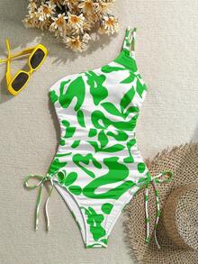 Traje de baño de una pieza con estampado todo sobre con cordón lateral para mujer, ideal para vacaciones y playa - Verde - Ver 7