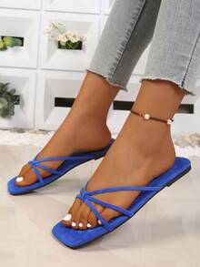 Sandal đế thấp gót thấp chống trượt mũi vuông kiểu retro có nơ dành cho nữ - Màu xanh lam - Xem 3