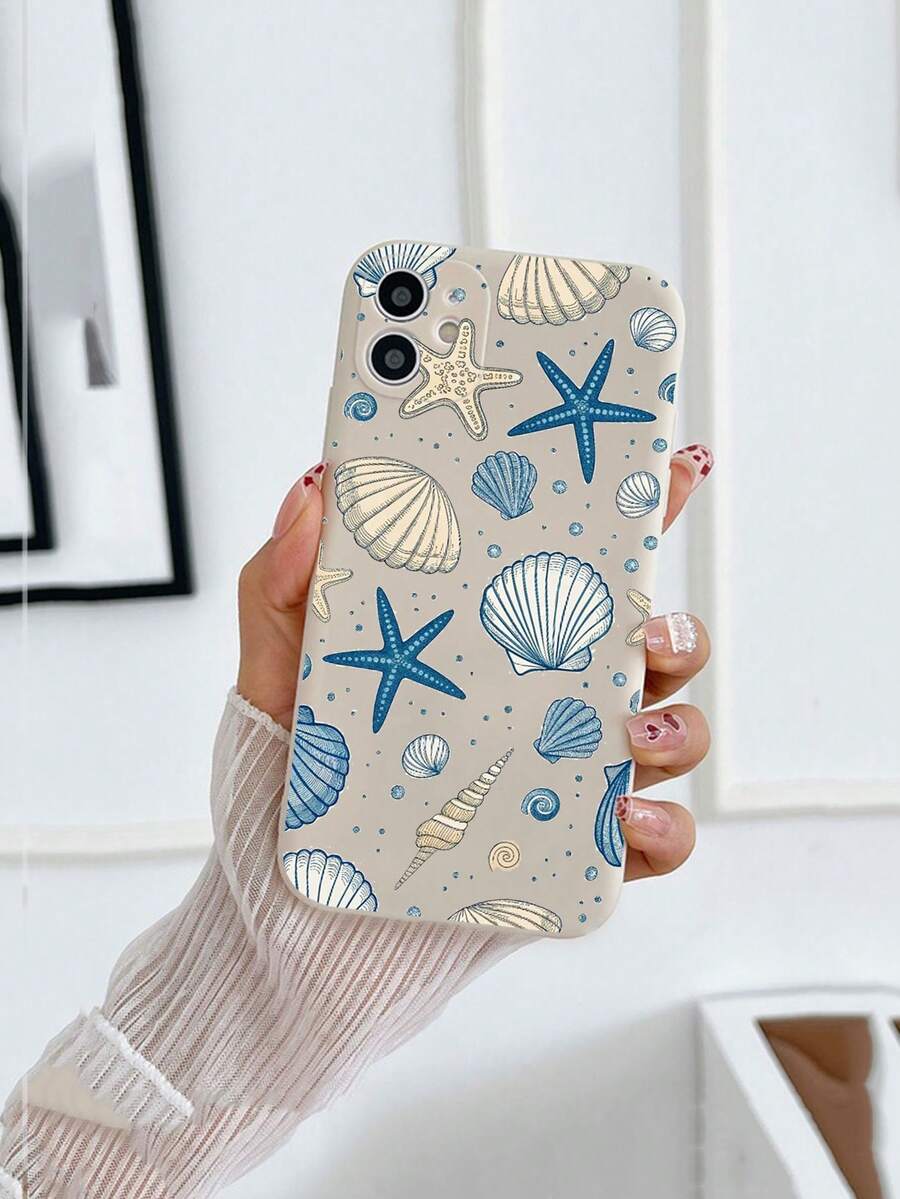 1pc Matte Beige TPU Shockproof Painted Starfish & Shell Pattern Phone Case Compatible With IPhone 15 Pro Max/16 Pro Max/17 Pro Max - Multicolor - View 1