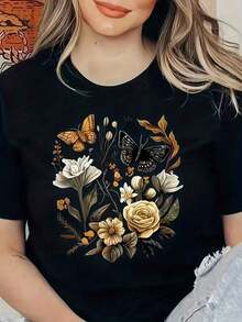 Camiseta Casual de Mujer con Cuello Redondo y Manga Corta, Estampado de Mariposas, Elegante y Estilizada, 100% Algodón - Negro - Ver 1