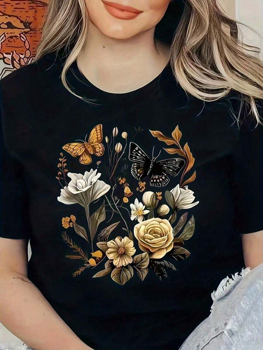 Camiseta Casual de Mujer con Cuello Redondo y Manga Corta, Estampado de Mariposas, Elegante y Estilizada, 100% Algodón - Negro - Ver 1