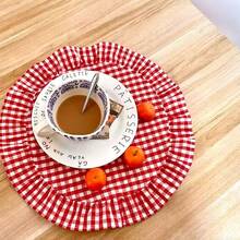 1/2/4pcs Red Plaid Placemats With Ruffle Edges, Round Coasters, Modern Minimalist Tabletop, Coffee/Tea Accessories, Photography Backdrop - Multicolor - View 9