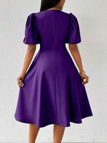 Vestido verde de manga abullonada larga, cuello en V, cintura recogida y bajo acampanado, para primavera y verano - Morado - Ver 2