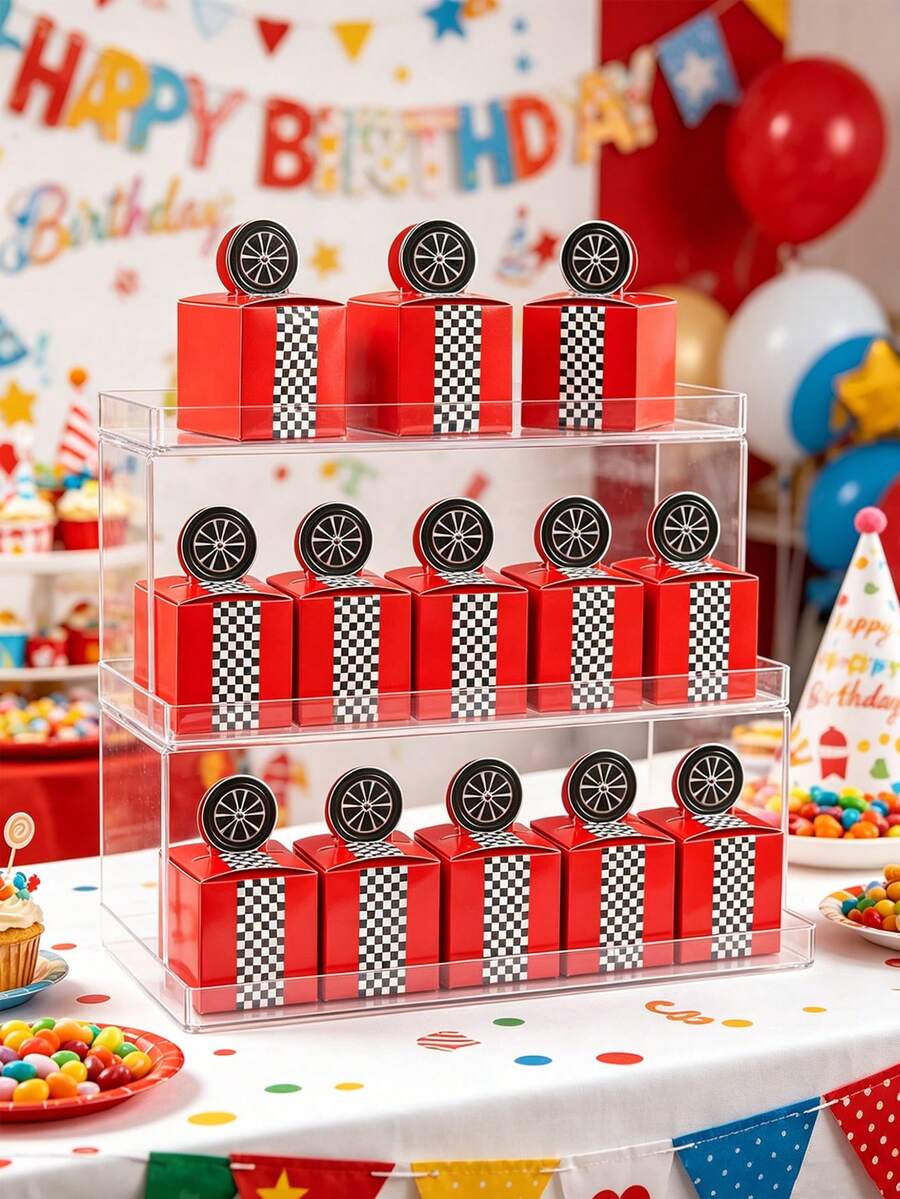 24个赛车主题糖果礼盒，赛车主题生日派对装饰，一周岁生日派对装饰，迎婴派对装饰，赛车礼盒，礼品包装盒，红白方格旗设计儿童男孩生日派对糖果盒，赛车运动迎婴派对装饰