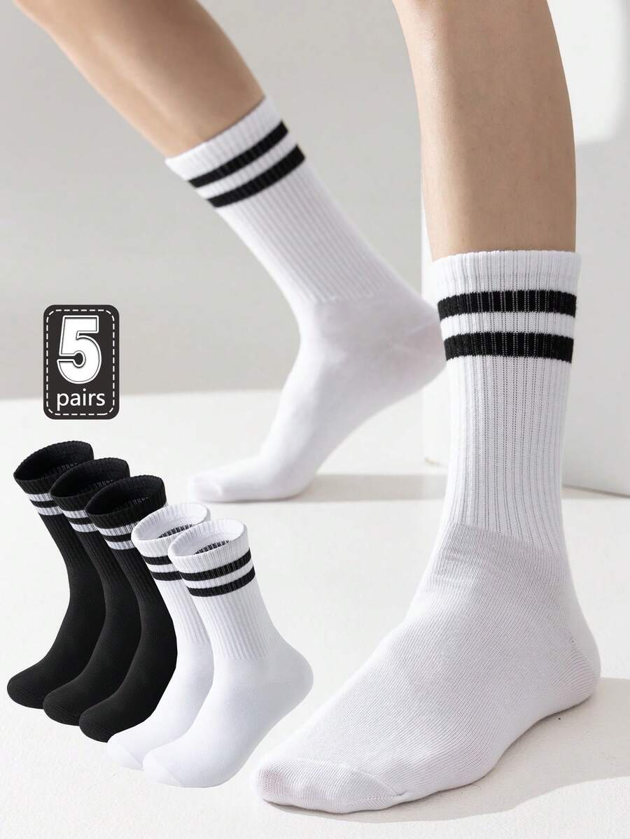 5 pares de calcetines tipo tripulación para hombres, calcetines de algodón transpirables con diseño de rayas, resistentes al olor, aptos para primavera/verano, diseño unisex, sencillo y versátil, calcetines blancos de talla grande - Multicolor - Ver 1