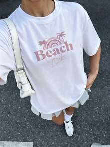 Women's Loose Fit White T-Shirt With Tropical Palm Tree And Rainbow Print "Beach Babe", Round Neck Short Sleeve, Casual Beach Top, Comfortable Summer And Vacation Wear, Relaxed Style For Daily Wear And Casual Outings - 白色 - 查看 1