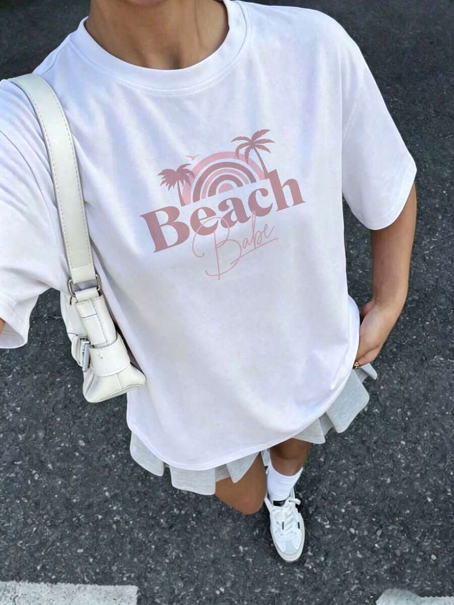 Women's Loose Fit White T-Shirt With Tropical Palm Tree And Rainbow Print "Beach Babe", Round Neck Short Sleeve, Casual Beach Top, Comfortable Summer And Vacation Wear, Relaxed Style For Daily Wear And Casual Outings - 白色 - 查看 1