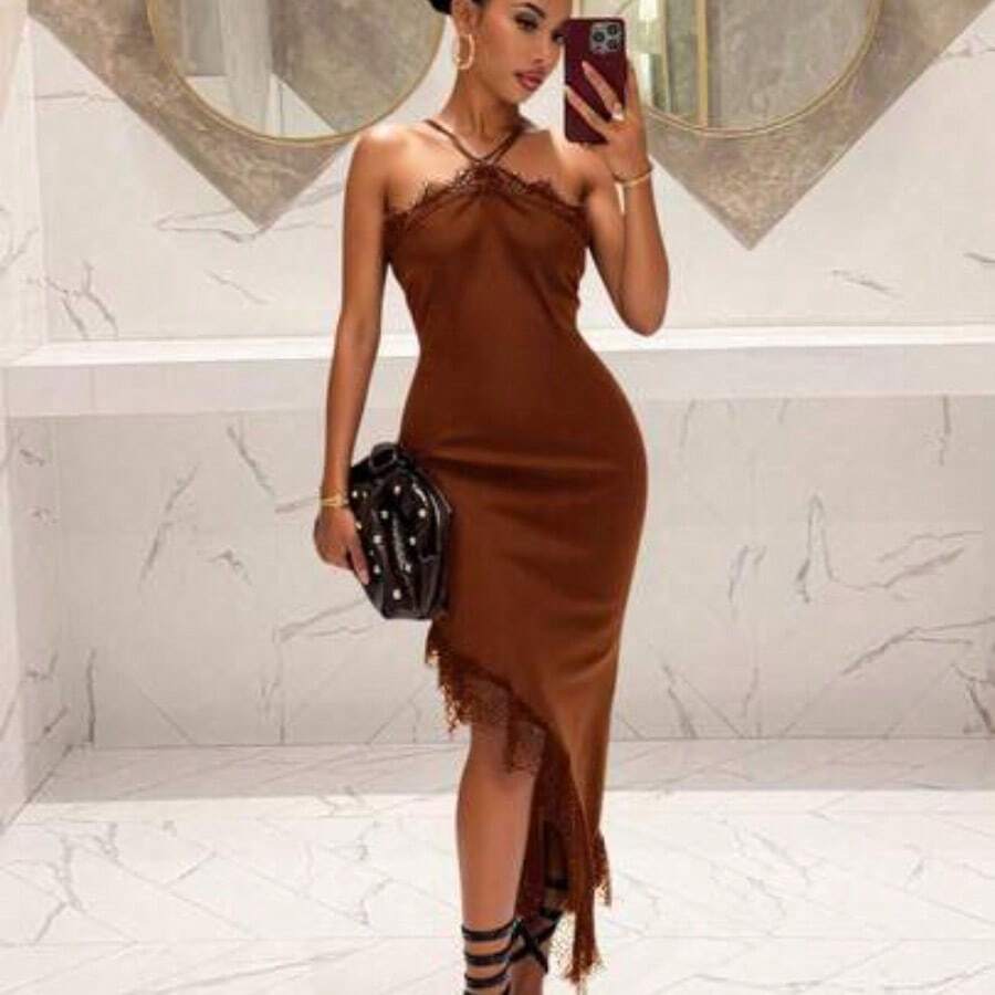 Slayr Women's Elegant Solid Color Lace Patchwork Asymmetric Hem Dress, Summer,Black Dress For Women - Marrón - Ver 1