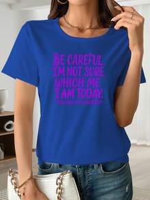 Classic Short-Sleeved T-Shirt With The "Careful, I Don't Know Who I Am Today" Print. This Casual, Short-Sleeved, Crew-Neck T-Shirt Is Perfect For Spring/Summer And Is Suitable For Shopping, The Office, And Vacation Wear. A Hit! - 藍色 - 查看 3