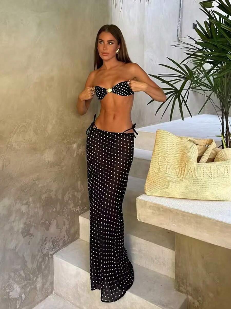 Elegant And Sensual Polka Dot Three-Piece Bikini Set For Women - Black - View 1