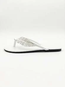 New Summer Rhinestone Leaf Flat Flip Flops, Versatile Comfortable Casual Wear, Suitable For Beach, Vacation - White - View 8