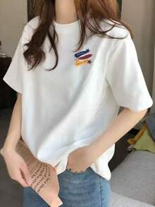 Camiseta de mujer con letras en contraste, camiseta blanca sencilla de manga corta para mujer, top básico de algodón puro, versátil para el uso diario en verano y para ir al trabajo. - Blanco - Ver 6