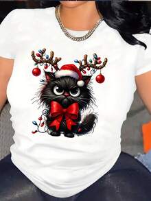 Camiseta de Mujer con Estampado de Gato Navideño - Diseño Festivo con Gorro de Santa y Astas de Reno, Top de Punto Casual con Cuello Redondo, Tela Suave, Mangas Cortas, Adecuada para Todas las Temporadas, Estilo Navideño. Camisetas Gráficas de Verano para Mujer. Camiseta Casual Estampada para Mujer, Manga Corta y Cuello Redondo, Moda Urbana Local de Primavera/Verano. - Blanco - Ver 8