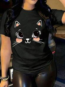 Nueva camiseta de cuello redondo para mujer, manga corta, holgada, casual y versátil con ‌ estampado de gatos a la moda ‌ , tejido suave y de buena caída TFMY - negro - Ver 1