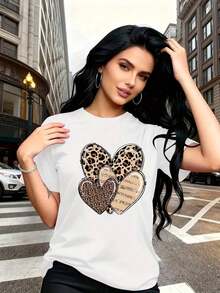 Camiseta con Estampado de Leopardo y Diseño de Corazón - Manga Corta, Cuello Redondo, Estilo Casual con Apliques y Gráficos, Transpirable para Uso en Todas las Estaciones, Ideal para Conjuntos a Juego con Hermanas, Eventos, Viajes - Blusa Cómoda de Elasticidad Media para Uso Diario 100% Cotton Blusas Bonito - Blanco - Ver 3