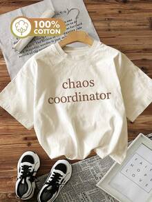 Top casual de primavera y verano para mujer, estilo sencillo, estampado con diseño de coordinador de caos, manga corta, cuello redondo, camiseta de algodón puro. - Albaricoque - Ver 7