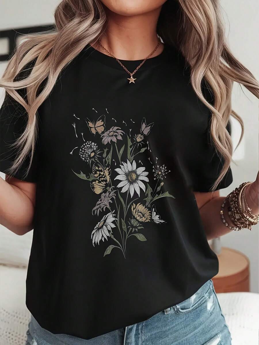 Camiseta de mujer de talla grande, casual y moderna, con estampado floral de pls y arte de primavera, cuello redondo, manga corta cómoda y ligerara uso diario (corte hoado, consulte la tabla de tallas)