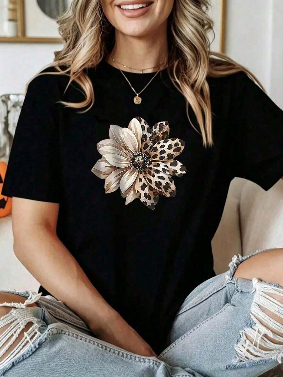 Playera para Mujer con Flor de Leopardo - Estilo Elegante Oversize NegraCamiseta Algodón - Negro - Ver 1