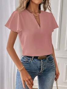 Camisa de mujer de unicolor con escote en V entallado y manga corta, informal y adecuada para el trabajo, blusas de manga corta - Rosa vieja - Ver 6
