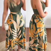 Holidaya Women Tropical Plant Printed Cross Wrap Cami Sleeveless Dress With Spaghetti Straps Maxi Women Outfit - Verde militar - Ver 1