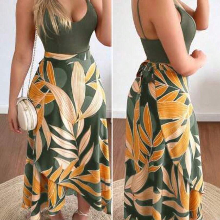 Holidaya Women Tropical Plant Printed Cross Wrap Cami Sleeveless Dress With Spaghetti Straps Maxi Women Outfit - Verde militar - Ver 1