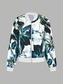 Chaqueta con cremallera con estampado floral casual para mujer - Multicolor 3 - Ver 3
