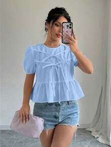 Blusa con volantes y mangas abullonadas con lazo en la parte delantera - Celeste - Ver 1