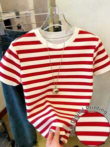 Camiseta de manga corta de cuello redondo con ribete a rayas, casual de verano para mujer - Multicolor 4 - Ver 5