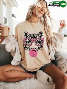 2026 New Cotton-shirtCamiseta de manga corta para mujer, adecuada para uso diario, salidas casuales, vacaciones y fines de semana, con estampado de cabeza de tigre con gafas rosas y chicle de burbuja, cuello redondo, sin bolsillos laterales, sin cremalleras, sin botones, fabricada en poliéster, estilo casual y divertido, para primavera y verano. Envío nacional Algodón ligero - Albaricoque - Ver 9