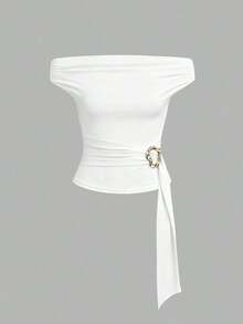 Blusa asimétrica sin tirantes de ajuste ceñido, de diseño elegante y con textura retro, de alta gama y minimalista, para mujer.Color marrón.Primavera/Verano - Blanco - Ver 3
