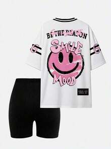Conjunto de camiseta y pantalones cortos de ciclista con estampado gráfico de número 13 y eslogan, de moda casual para mujer - Multicolor 7 - Ver 2