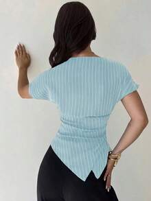 Blusa asimétrica casual y elegante a cuadros, adecuada para ir al trabajo, uso casual diario y vestimenta de negocios de moda para mujer / Vuelta al colegio / Profesora / Blusas para salir / Blusas para salir / Mujer de negocios casual / Camisa a - Celeste - Ver 2