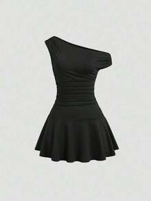 Vestido mini de unicolor con cuello asimétrico elegante para uso diario para mujer - Negro - Ver 7