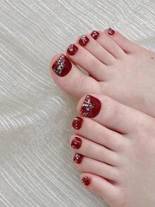 10 piezas de uñas postizas para los pies hechas a mano para fiestas y uso diario, fáciles de usar, adecuadas para niñas y mujeres en festivales, fiestas y festivales de música, regalo para el Día de San Valentín y el Día de la Madre. Uñas - Rojo - Ver 3