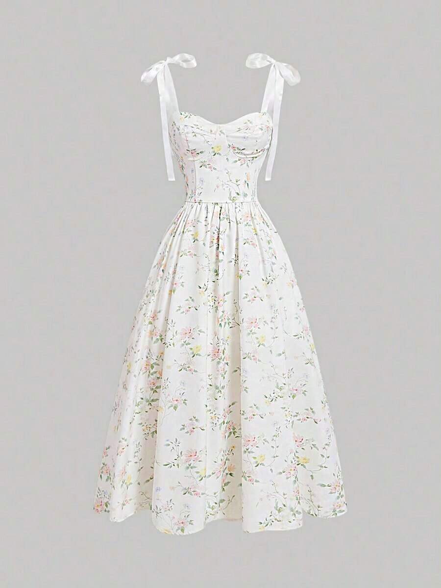 Vestido de verano de mujer con tirantes anudados y estampado floral romántico - Multicolor 2 - Ver 1