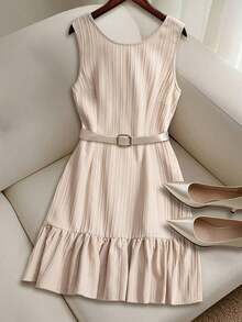 Vestido casual mini de mujer con tirantes de amarre, espalda descubierta, sin mangas, corte evasé y dobladillo con volantes - Albaricoque 2 - Ver 7