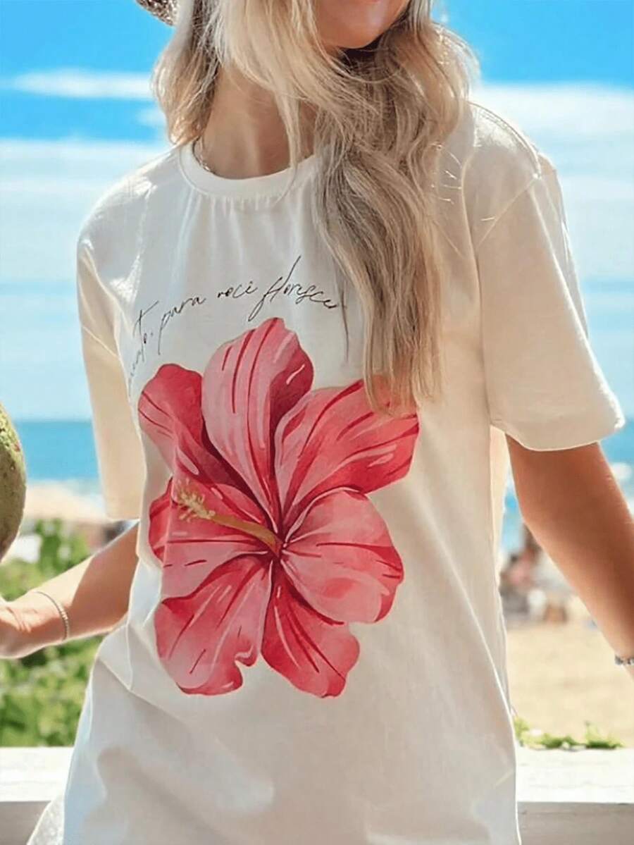 Camiseta de manga corta para mujer con estampado floral de hibisco en acuarela, estilo informal de verano, holgada y transpirable, ideal para escapadas a la playa, viajes a islas, salidas diarias o reuniones de chicas. - Blanco - Ver 1