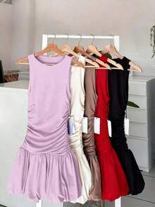 Vestido corto negro de cuello redondo y sin mangas elegante para mujer , adecuado para usar en capas como ropa formal, perfecto para salidas, fiestas y citas en primavera - Púrpura malva - Ver 5