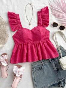 Blusa de corte de línea A con cuello cuadrado, manga corta y estampado retro azul y blanco, adecuada para fiestas, citas, el Día de San Valentín, el té de la tarde - Rosa Fucsia - Ver 1